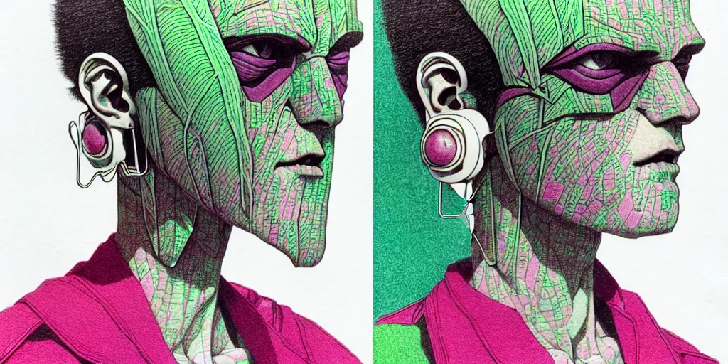 Image similar to risograph grainy drawing futuristic sci - fi antagonist face wearing earrings, photorealistic colors, face covered with plants and flowers, by moebius and satoshi kon and dirk dzimirsky close - up portrait, hyperrealistic