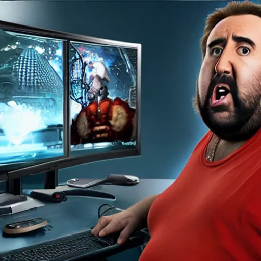 Prompt: obese nicolas cage wearing a headset yelling at his monitor while playing WoW highly detailed wide angle lens 10:9 aspect ration award winning photography