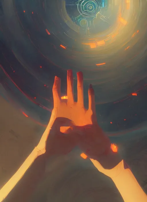 Image similar to zoomed out hand!!! with and eye in the center, floating in a spiraling abyss, scifi, liminal space, painted by pedro correa, cory loftis, james gilleard, atey ghailan, makoto shinkai, goro fujita, studio ghibli