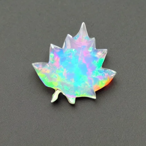 Image similar to maple leaf resting!!!!! on a colorful opal crystal, 4 k, 3 5 mm!!!!! lens