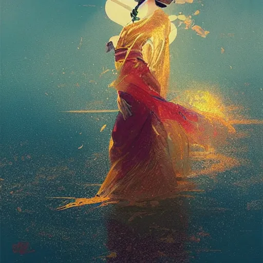 Image similar to beautiful geisha flying over a lake filed with molten gold, volume lighting, concept art, by greg rutkowski, dramatic, xray melting colors!!