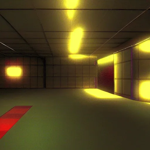 Image similar to noisy color photograph of a retrofuturist liminal space, dark pit, minimalist, cinematic, soft vintage glow, PS2 in-game screenshot