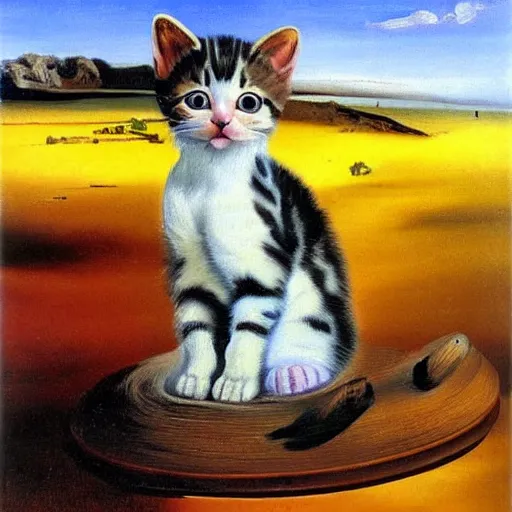 Image similar to an oil painting of a kitten by salvador dali