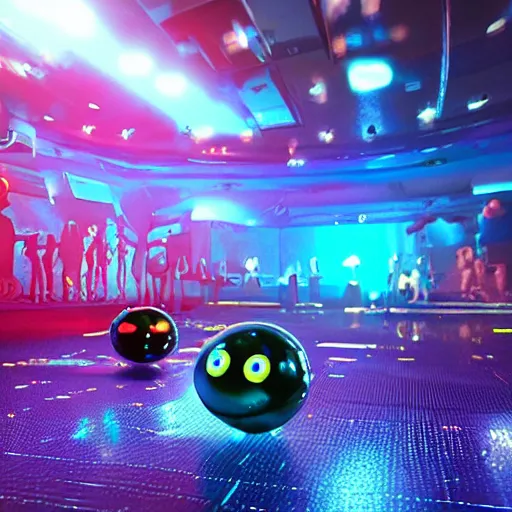 Image similar to promotional movie still wide - angle 3 0 m distance. nanorobots ( ( cat ) ) 1 million into the future ( 1 0 0 2 0 2 2 ad ). super cute and super deadly. nanorobots like disco music, disco balls, dance - off contests. dramatic lighting, cinematic lighting, octane 3 d. style saturday night fever ( film )