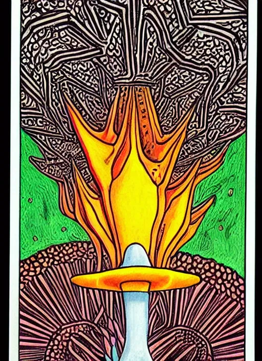 Image similar to tarot card designed by charles burns, painted with oil paint, depicting a drawing of amanita muscaria mushroom, high priest, ritual, dmt space, intricate, ornate