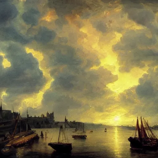 Prompt: oil painting of medieval harbour, storm clouds, sunrays, very very very very very beautiful bright art, american romanticism by goya, medieval castle, burning fires, colorful masterpiece, realistic and detailed, striking digital painting