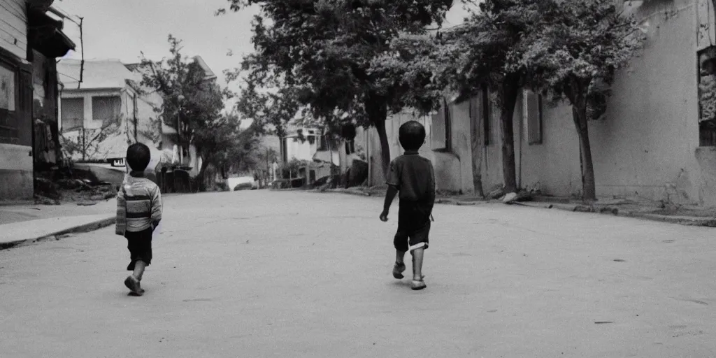 Prompt: photo of a boy walking down a street in space