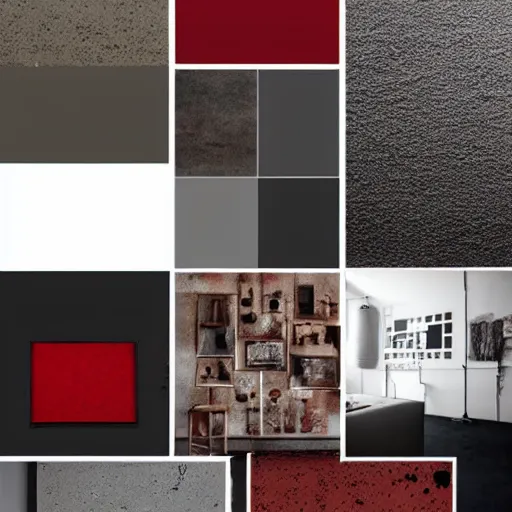 Image similar to material mood board combining concrete, red painted metal, aged oak, plants, dark grey carpet, collage, architectural finishes, pinterest, trendy, expressive, warm, eye catching, interior design, industrial design, samples, paint, carpet, wood, plants