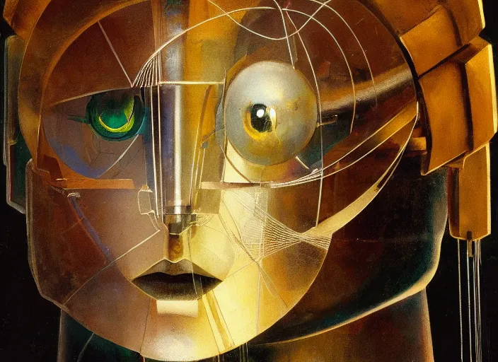 Image similar to a portrait headshot of sci fi metallic human, bright eyes, melancholic complex geometric figure liminal machinery by oskar schlemmer, moebius, john berkey, film grain, oil on canvas, portrait facial head, featured on artstation, hd wallpaper, 8 k