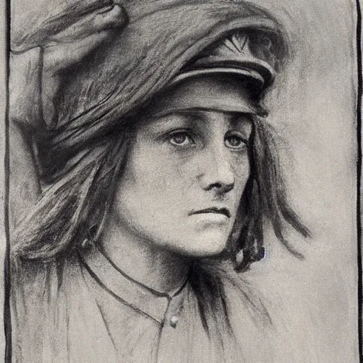 Image similar to ww 1 action heroine, by alfred stevens in charcoal