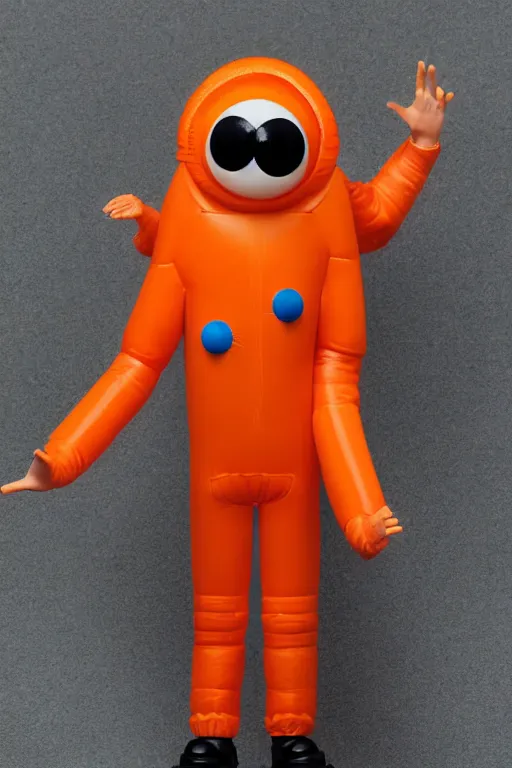 Prompt: still figurine of a tall giant inflated space man action figure wearing over sized orange puffy bomber jacket, googly eyes, tareme eyes, personification, dynamic pose, detailed product photo, tone mapped, beautiful composition, 8 5 mm, f 5. 8, soft lighting