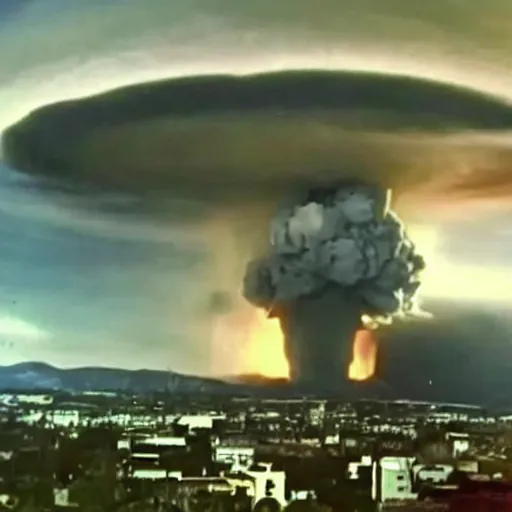 Prompt: nuclear explosion, mushroom cloud, 2 4 0 p full color grainy footage, 2 0 0 6 youtube video, shockwave destroyed buildings, helicopter footage over city, fleeing crowds of people — ar 4 : 3