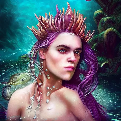 Image similar to “ robert pattison portrait, fantasy, mermaid, hyperrealistic, highly detailed, cinematic lighting, pearls, glowing hair, shells, gills, crown, water, highlights, starfish, jewelry, realistic, digital art, pastel, magic, fiction, ocean, game, king, colorful hair, sparkly eyes, fish, romantic, god, waves, bubbles ”