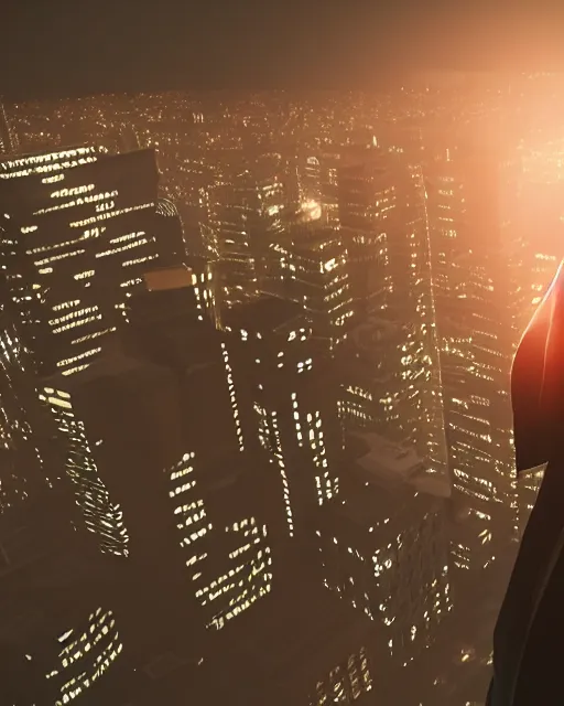 Prompt: a night rooftop scene, close up shot of a photorealistic gangster wearing a trench coat looking at the city below, unreal engine, hyper realism, realistic shading, global illumination