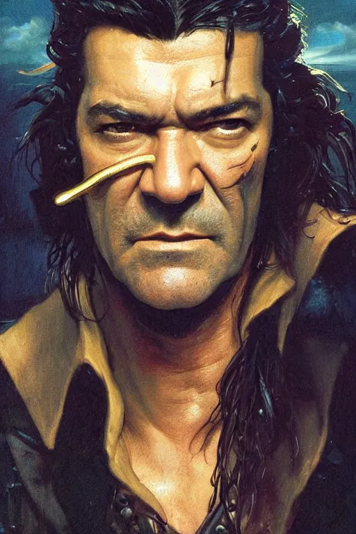 Prompt: a close-up portrait of Antonio Banderas as a pirate with a eye patch, dramatic backlighting, golden hour, autochrome, high contrast, highly detailed, sharp focus, digital painting, concept art, illustration, filmpunk , trending on artstation, art by greg rutkowski and greg hildebrandt, composition by alphonse mucha