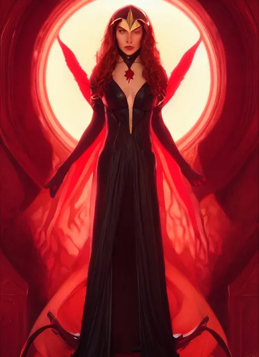 Prompt: Scarlet Witch as Lucifer morningstar, slight smile, highly detailed, digital painting, artstation, concept art, sharp focus, illustration, art by wlop and J. C. Leyendecker and Edmund Bliar Leighton and Charlie Bowater