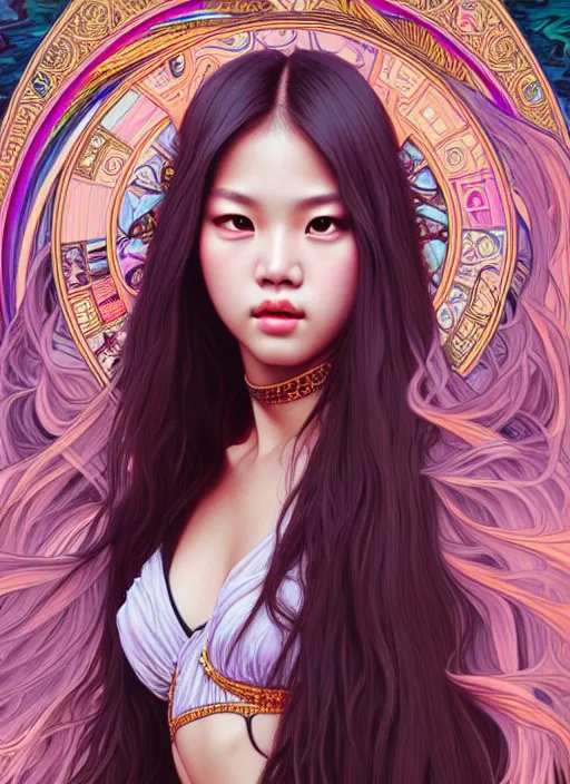 Image similar to jennie manoban of blackpink, tarot card, highly detailed, digital painting, smooth, sharp focus, illustration, ultra realistic, 8 k, art by artgerm and alphonse mucha