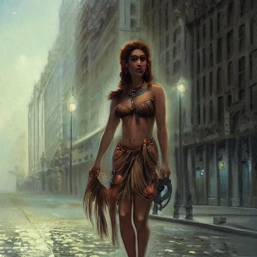 Prompt: painting of a young native amazon forest girl in a dark, gloomy deserted city street highly detailed, dramatic lighting, intense shadows, rich deep colours, by luis ricardo falero