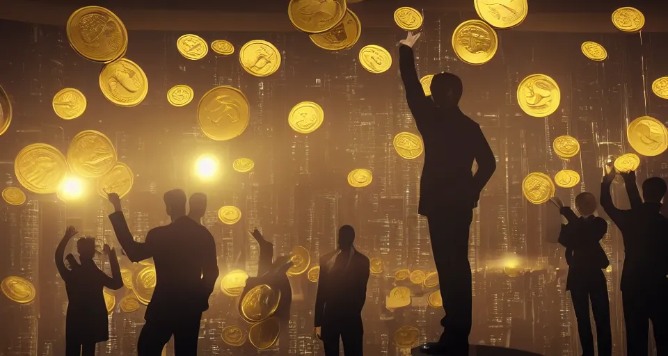 Image similar to Dramatic photo of a CEO waving goodbye in front of a group of silhouettes of his coworkers in a futuristic office. Golden coins are levitating all around them. 8k, high detail, trending on Artstation, volumetric lighting, cyberpunk