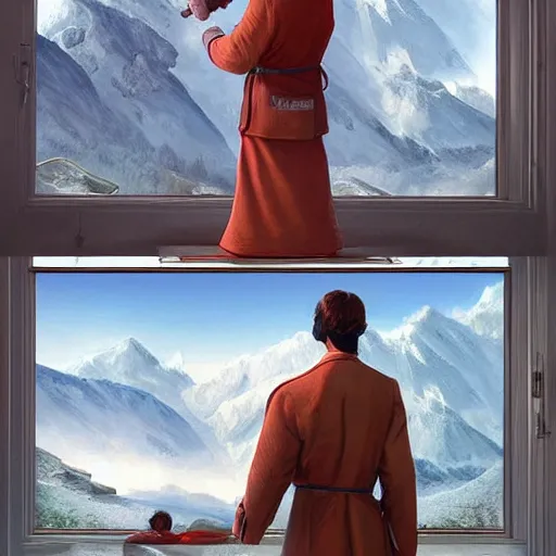 Image similar to Poetic sequence in Mr. Clean, a movie by Wes Anderson starring Adrian Brody. Adrian Brody tries to clean the windows of a large hotel in the Alps with mountain in the background. Elegant, intricate, digital painting, artstation, concept art, smooth, sharp focus, illustration, art by artgerm and greg rutkowski and alphonse mucha