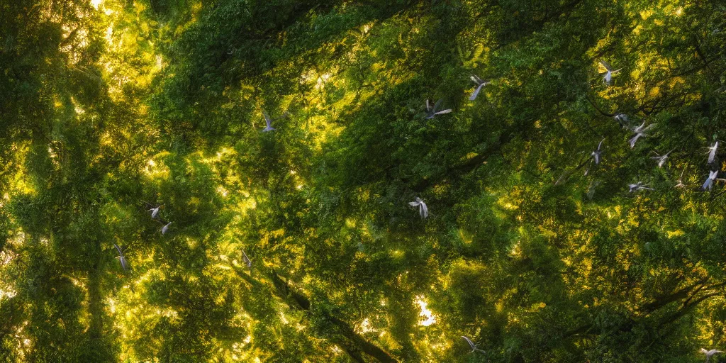 Prompt: view of sunlit rainforest treetops with flying birds, photograph, 4 k