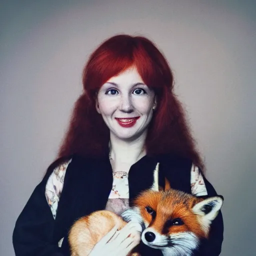 Image similar to portrait of a red haired woman, in 7 0 s clothes, holding a fox over her head while roller skating