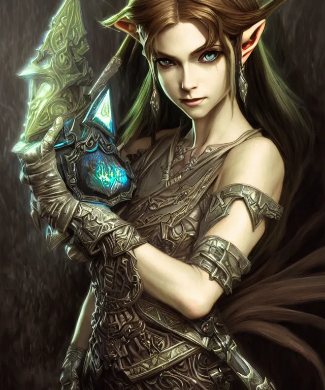 Image similar to dark fantasy, link legend of Zelda twilight Princess portrait, dark surrealist , fantasy, intricate, elegant, highly detailed, digital painting, artstation, concept art, smooth, sharp focus, illustration, art by artgerm and greg rutkowski and alphonse mucha