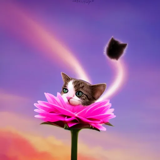 Image similar to very cute and tiny cat with horn sitting on a Dahlia flower flying on a pink cloud, sky background, pixar style, cinematic lightning, award winning creature photography