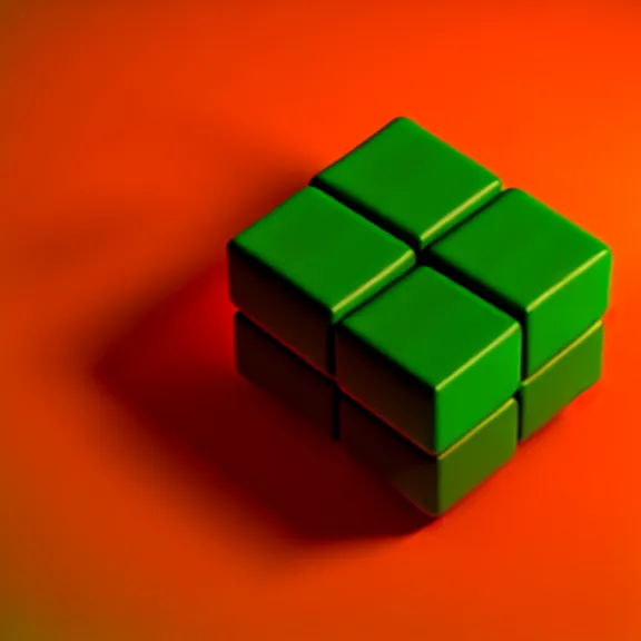 Image similar to a 3 d render of a stack of green cubes on the left and an orange ball on the right in a red room, blender, ue 5, octane render, trending on artstation