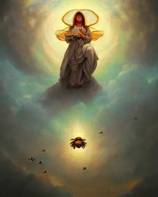 Prompt: Beekeeper pope portrait, heavenly clouds, radiant light, ethereal fantasy art by peter mohrbacher and artgerm