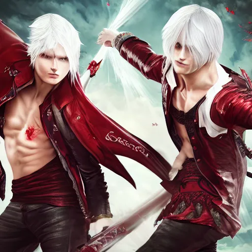 Image similar to Epic rococo painting of two young identical twins, with white skin, long white hair and red eyes. Wearing identical red clothes. Middle age. Devil May cry, ultra-detailed. Anime, pixiv, UHD 8K CryEngine, octane render