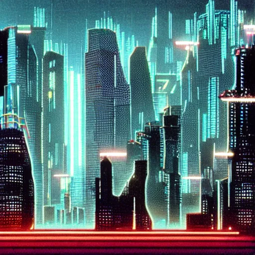 Image similar to 90's cyberpunk skyline, monolithic megastructures, beams of light, in the style of Johnny Mnemonic