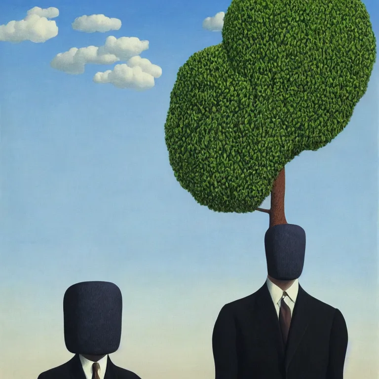Prompt: portrait of a faceless tree - head man in a suit, clouds in the background, by rene magritte, detailed painting, distance, middle centered, hd, hq, high resolution, high detail, 4 k, 8 k