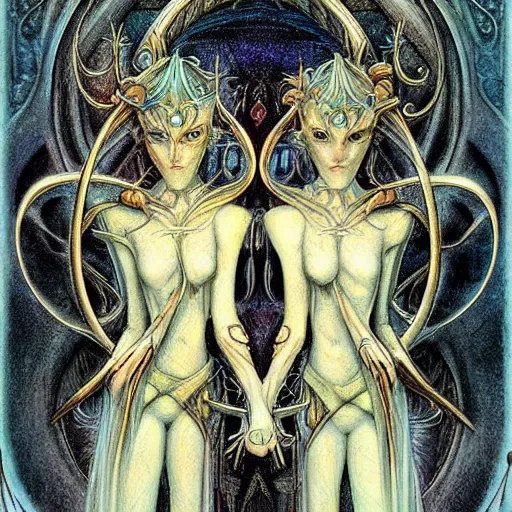 Image similar to detailed and sharp gemini artwork, mystic style, detailed, 8 k, detailed, symmetrical, by brian froud