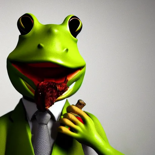 Image similar to a high quality photo of an antropomorphic frog wearing a suit smoking a cigar, 3d scene, render, ultra realistic, artstation, cgsociety