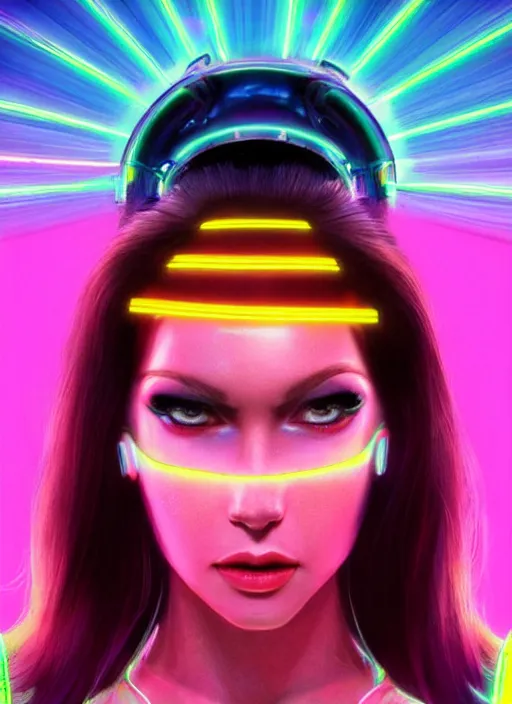 Prompt: gorgeous android woman facial portrait dressed in an aerobic sci - fi outfit of the eighties with neon colors and head band, retro, beautiful lights, vintage look, depth of field, hyper realistic, illustration, airbrush, 8 k, intricate, duo tone, art by david la chapelle and philip castle, artgerm