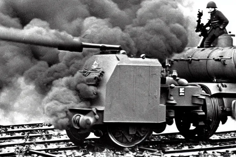 Image similar to WW2 era photograph, the face of Thomas the tank engine attached to a 800mm German super-heavy-mortar with a huge gun barrel shooting, there are german soldiers running around