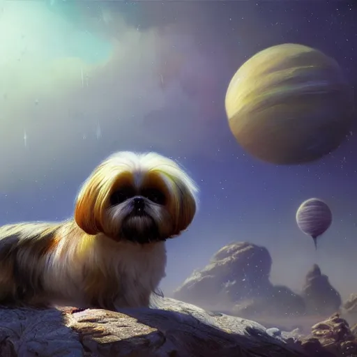 Image similar to Shih Tzu on an alien planet, digital painting, artstation, concept art, donato giancola, Joseph Christian Leyendecker, WLOP, Boris Vallejo, Breathtaking, 8k resolution, extremely detailed, beautiful, establishing shot, artistic, hyperrealistic, beautiful face, octane render, cinematic lighting, dramatic lighting, masterpiece