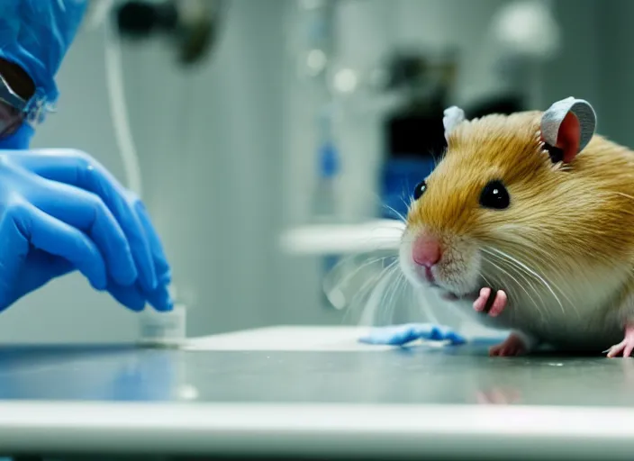 Image similar to film still of a hamster working in a research lab finding the cure for cancer, 8 k