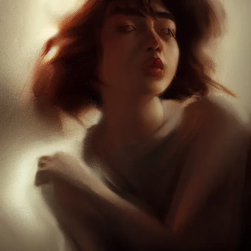 Prompt: a young woman, dramatic lighting, chiaroscuro, high detail, painted by romain jouandeau, trending on artstation