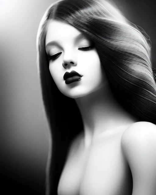 Image similar to black and white dreamy smoky young beautiful female artificial intelligence, long hair are made of smoke, cinematic, rim light, bokeh, photo - realistic, elegant, high detail, 8 k, masterpiece, photo taken in 1 9 3 0