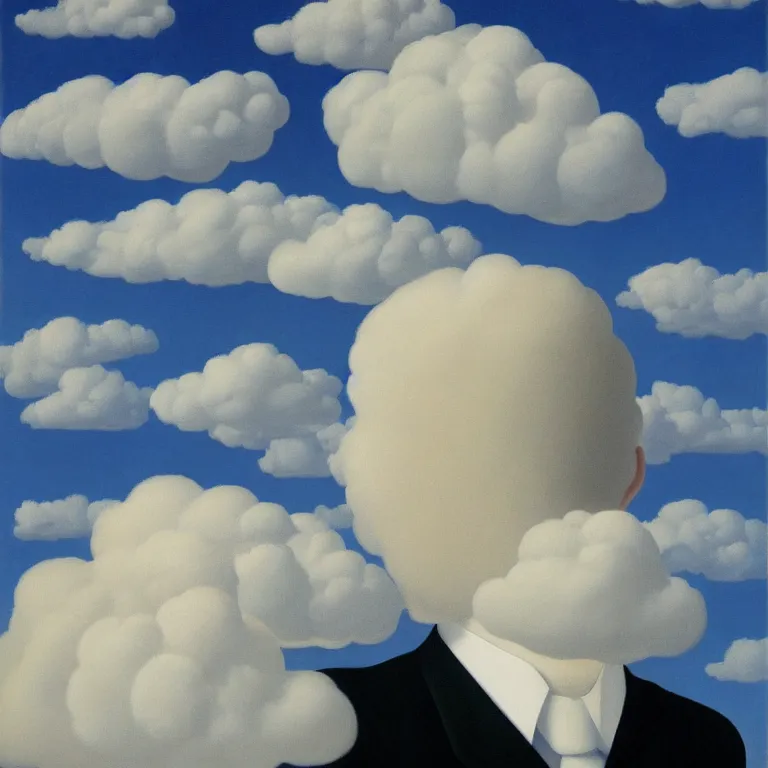 Prompt: portrait of a cloud man, by rene magritte, detailed painting, hd, hq, high resolution, high detail, 4 k, 8 k