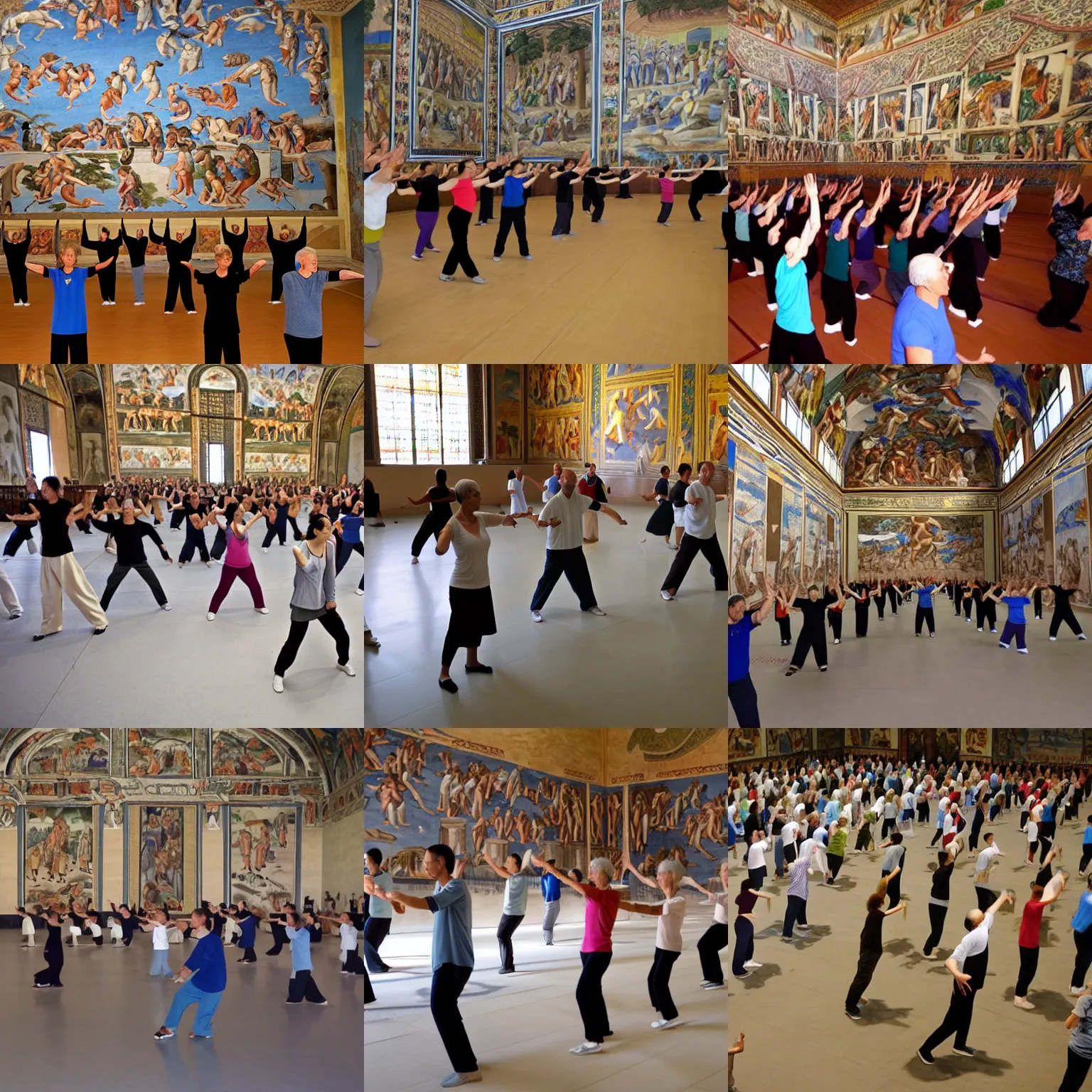 Prompt: tai chi class, realistic people, practicing tai chi, at the sistine chapel