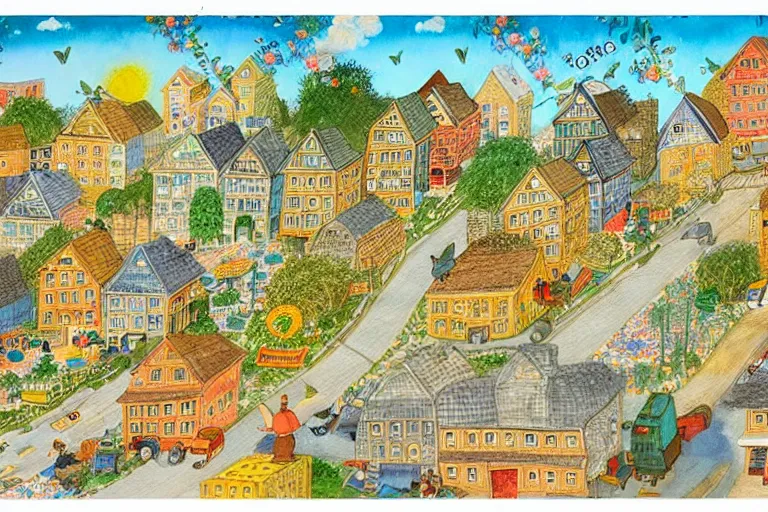 Image similar to an elaborate and dense painting of a peaceful neighborhood, detailed, made of alcohol ink on parchment and penned illustrations, by richard scarry and bosch