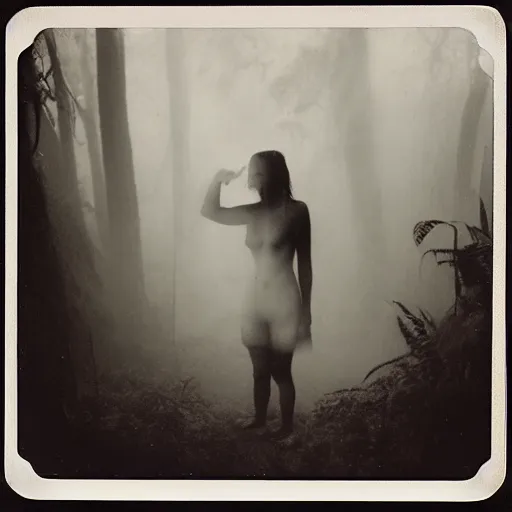 Prompt: an ancient evil-girl devouring the human souls on a mysterious Colombian jungle, mist, 1910 polaroid photography, grainy film, Black and white
