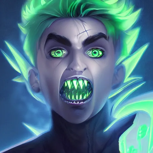 Image similar to A digital matte intricate illustration concept art of young Danny phantom with glowing green eyes and sharp teeth fangs alt art fashion inspired art by Charlie Bowater and WLOP and Mark Arian and Ross Tran + neon colors, symmetry , intricate complexity, epic composition, magical atmosphere, highly detailed, cinematic lighting + masterpiece, trending on artstation + 8k