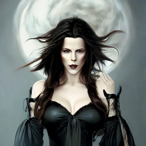 Prompt: the ultimate vampire, kate beckinsale, smokey eyes, gothic, large flared gothic dress, trending on / r / moreplatesmoredates, oil on canvas artstation by j. c. leyendecker and edmund blair leighton and charlie bowater octane render