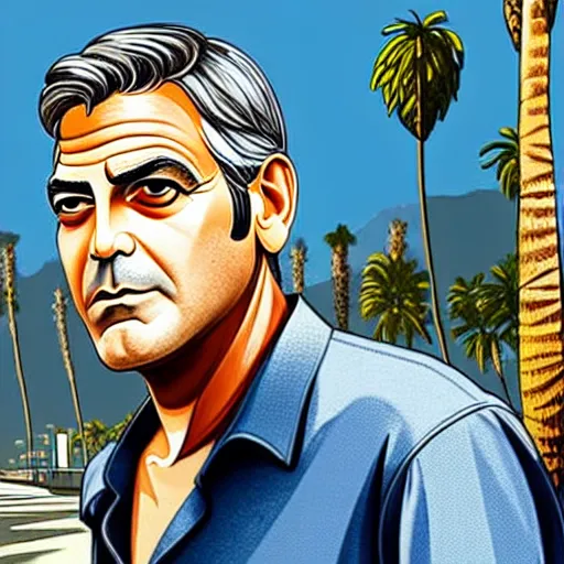 Image similar to george clooney in gta v. los santos in background, palm trees in the art style of stephen bliss