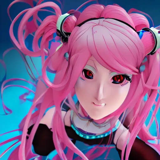 Image similar to stunningly beautiful omnipotent megalomaniacal anime goddess who looks like junko enoshima with symmetrical perfect face and porcelain skin, pink twintail hair and mesmerizing cyan eyes, looking down upon the viewer and taking control, mid view from below her feet, hyperdetailed, unreal engine 5, 8 k