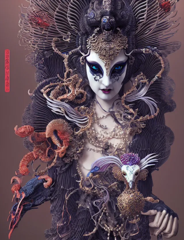 Image similar to 3 d goddess of hell close - up profile portrait with ram skull. beautiful intricately detailed japanese crow kitsune mask and clasical japanese kimono. betta fish, jellyfish phoenix, bio luminescent, plasma, ice, water, wind, creature, artwork by tooth wu and wlop and beeple and greg rutkowski